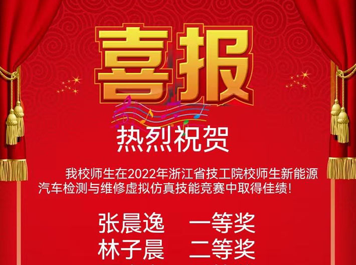 喜报来啦！热烈祝贺我校师生在2022年浙江省技工院校师生新能源汽车检测与维修虚拟仿真技能竞赛中取得佳绩！